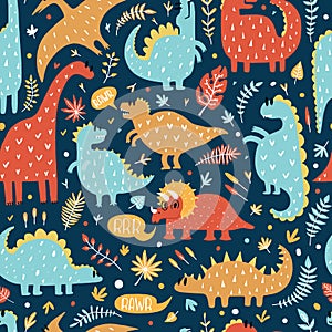 Seamless pattern of cute dinosaurs with tropical leaves. Hand drawn vector illustration. Cute dino design for kids.